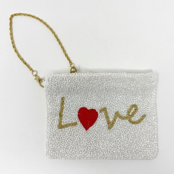 Handbags - Love Heart Beaded Zip Pouch Gold Chain Handle